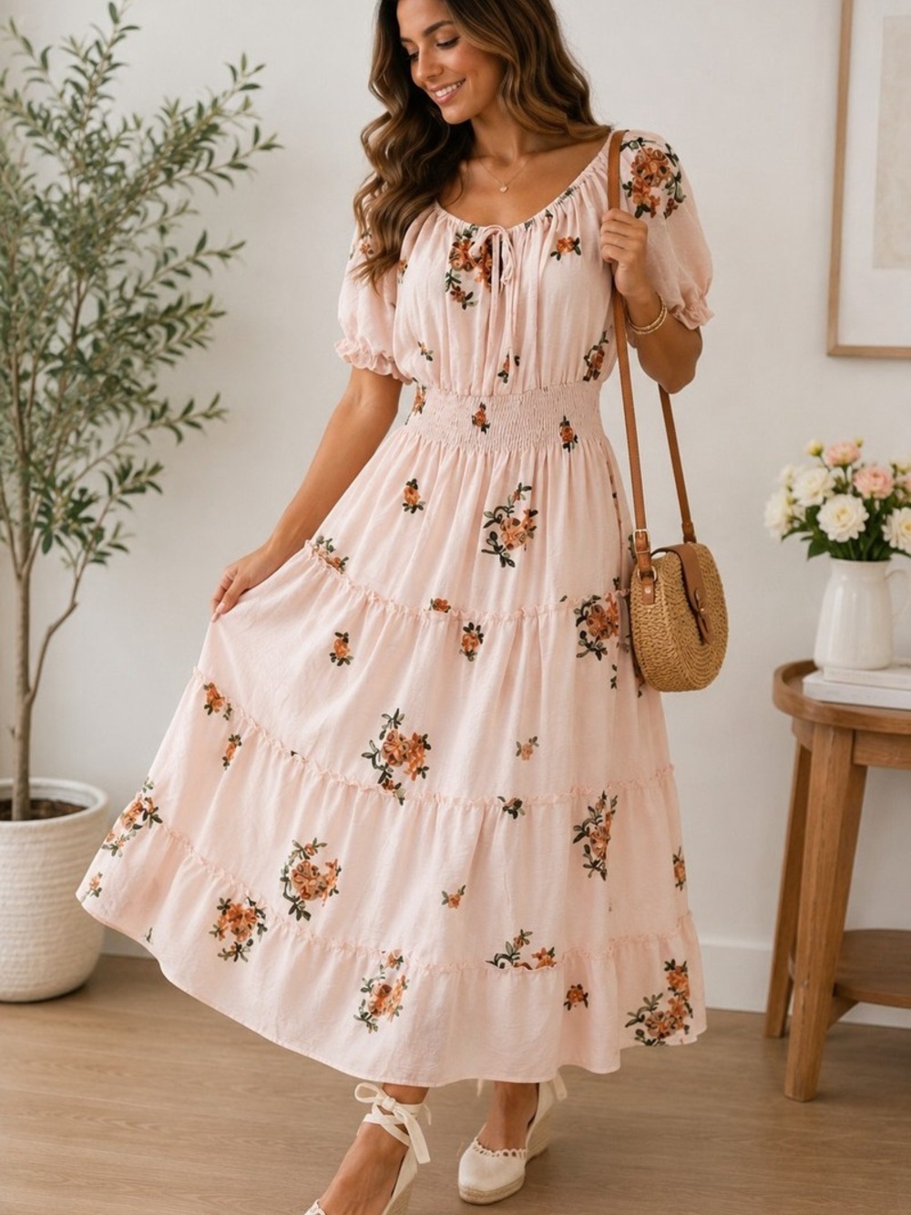 Anthropologie brand Blush Pink Floral Tiered Maxi Dress with Smocked Waist